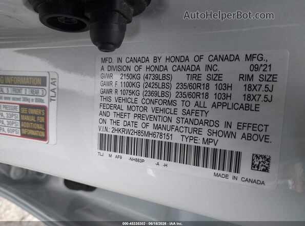 2HKRW2H85MH678151 2021 HONDA CR-V White ძრავის განყოფილების ხედი