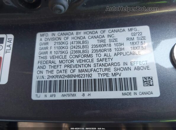 2HKRW2H86NH623192 2022 HONDA CR-V Gray Շարժիչի բաժամունքի տեսք