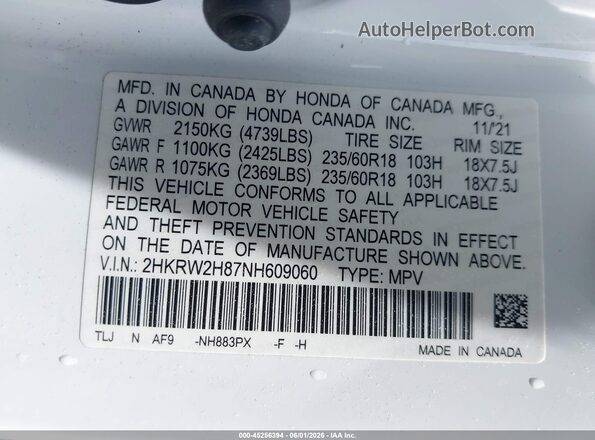 2HKRW2H87NH609060 2022 HONDA CR-V White Widok komory silnika