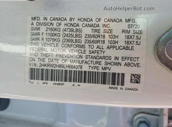 2HKRW2H89LH664378 2020 HONDA CR-V White Vista interior de 360 grados