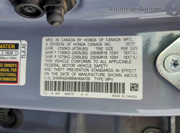 2HKRW2H89MH654709 2021 HONDA CR-V Blue VIN sticker view