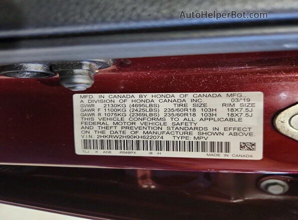 2HKRW2H90KH622074 2019 HONDA CR-V Maroon Widok naklejki z numerem VIN
