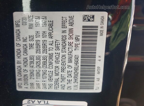 2HKRW2H90LH640401 2020 HONDA CR-V Black VIN კოდის სტიკერის ხედი