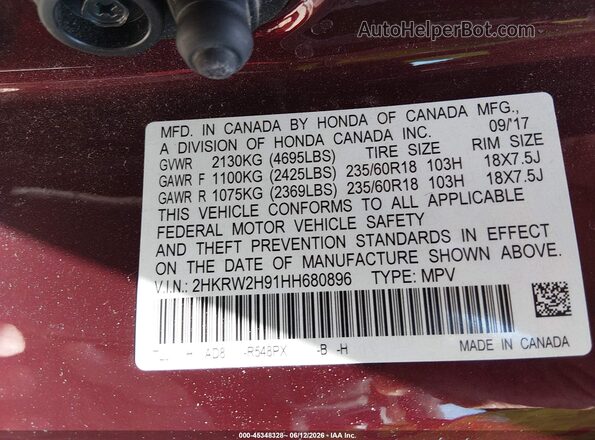 2HKRW2H91HH680896 2017 HONDA CR-V Burgundy ძრავის განყოფილების ხედი