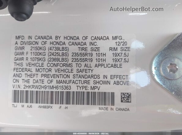 2HKRW2H91MH615363 2021 HONDA CR-V Белый Вид подкапотного пространства