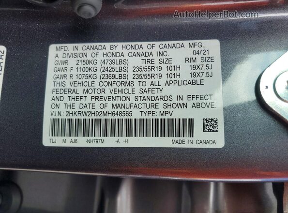 2HKRW2H92MH648565 2021 HONDA CR-V Blue Widok naklejki z numerem VIN