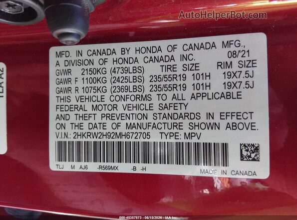 2HKRW2H92MH672705 2021 HONDA CR-V Red Вид підкапотного простору