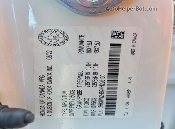 2HKRW2H92NH226135 2022 HONDA CR-V White Vista interior de 360 grados