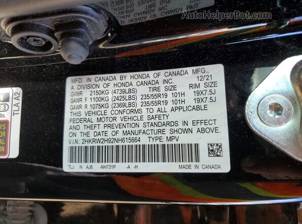 2HKRW2H92NH615664 2022 HONDA CR-V Black VIN sticker view