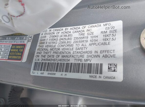 2HKRW2H97LH635034 2020 HONDA CR-V Silver ძრავის განყოფილების ხედი