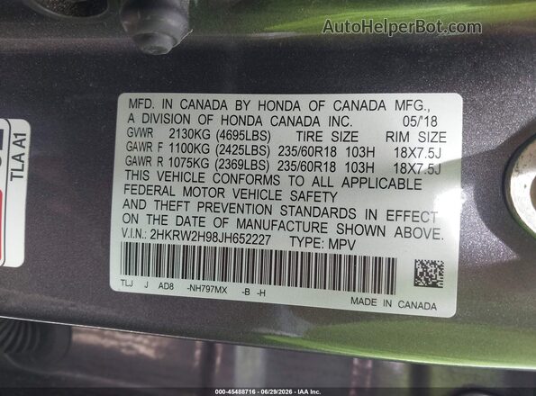 2HKRW2H98JH652227 2018 HONDA CR-V Gray Вид підкапотного простору