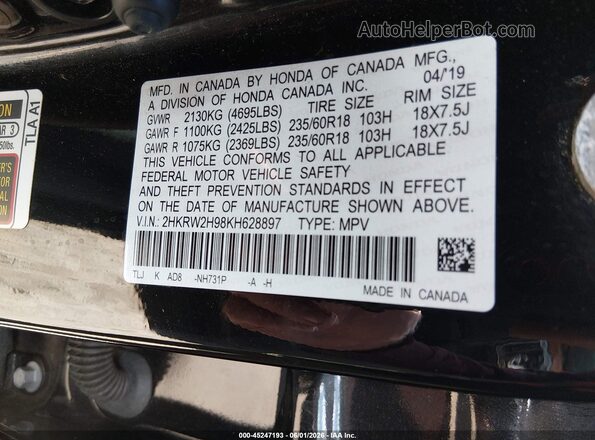 2HKRW2H98KH628897 2019 HONDA CR-V Black Շարժիչի բաժամունքի տեսք