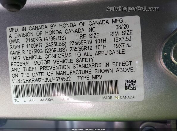 2HKRW2H99LH674532 2020 HONDA CR-V Gray Շարժիչի բաժամունքի տեսք