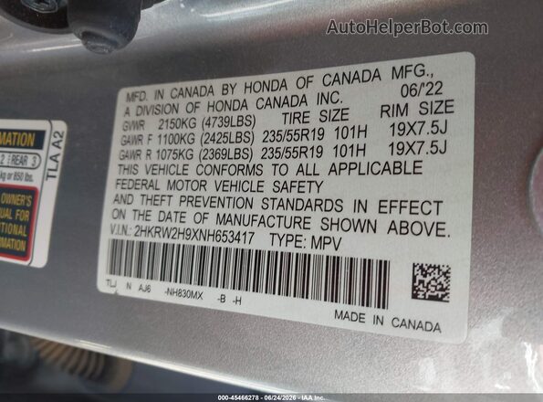 2HKRW2H9XNH653417 2022 HONDA CR-V Gray Engine compartment view