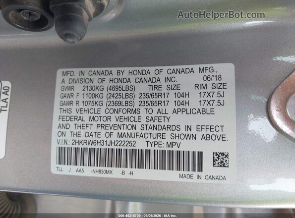 2HKRW6H31JH222252 2018 HONDA CR-V Silver 