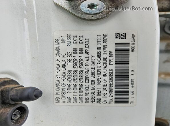2HKRW6H33JH208806 2018 HONDA CR-V White Vista interior de 360 grados