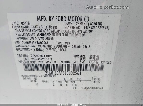 2LMHJ5AT6JBL02561 2018 LINCOLN MKT White Շարժիչի բաժամունքի տեսք