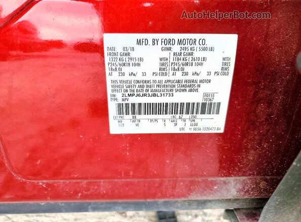 2LMPJ6JR3JBL31733 2018 LINCOLN MKX Red 