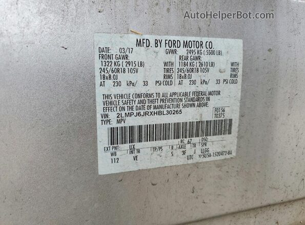 2LMPJ6JRXHBL30265 2017 LINCOLN MKX Silver VIN კოდის სტიკერის ხედი