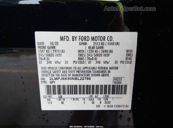 2LMPJ6K90NBL22766 2022 LINCOLN NAUTILUS Black Շարժիչի բաժամունքի տեսք