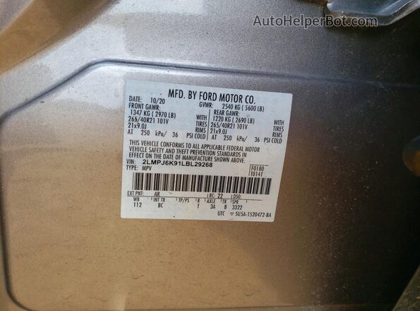 2LMPJ6K91LBL29268 2020 LINCOLN NAUTILUS Gray 
