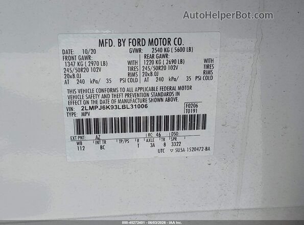 2LMPJ6K93LBL31006 2020 LINCOLN NAUTILUS White Vista del compartimento del motor