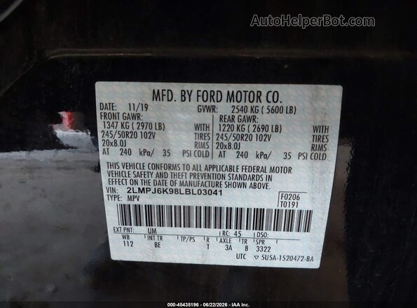 2LMPJ6K98LBL03041 2020 LINCOLN NAUTILUS Black Вид підкапотного простору