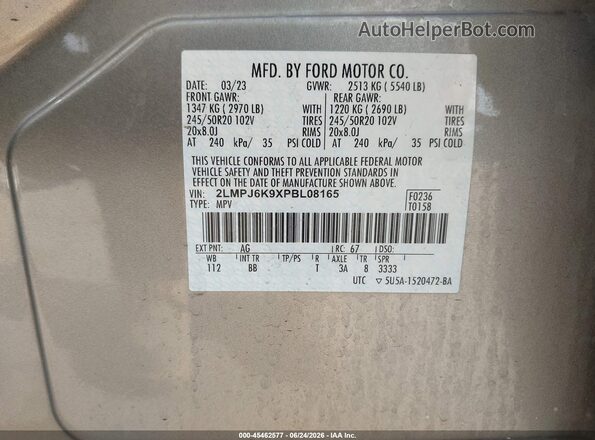 2LMPJ6K9XPBL08165 2023 LINCOLN NAUTILUS Gray Vista del compartimento del motor