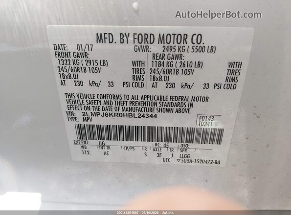 2LMPJ6KR0HBL24344 2017 LINCOLN MKX Белый Вид подкапотного пространства
