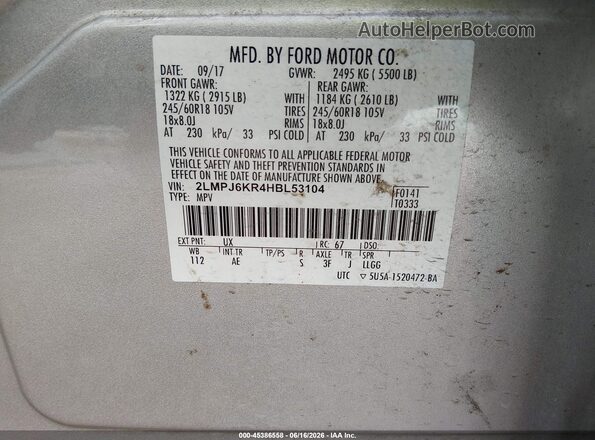 2LMPJ6KR4HBL53104 2017 LINCOLN MKX Silver Widok komory silnika