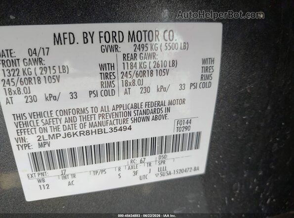 2LMPJ6KR8HBL35494 2017 LINCOLN MKX Gray Engine compartment view