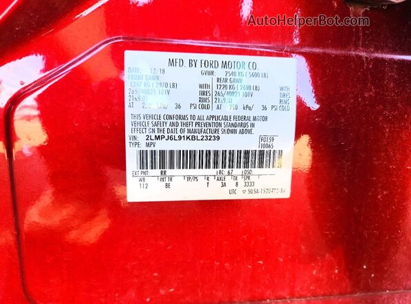 2LMPJ6L91KBL23239 2019 LINCOLN NAUTILUS Red Widok naklejki z numerem VIN