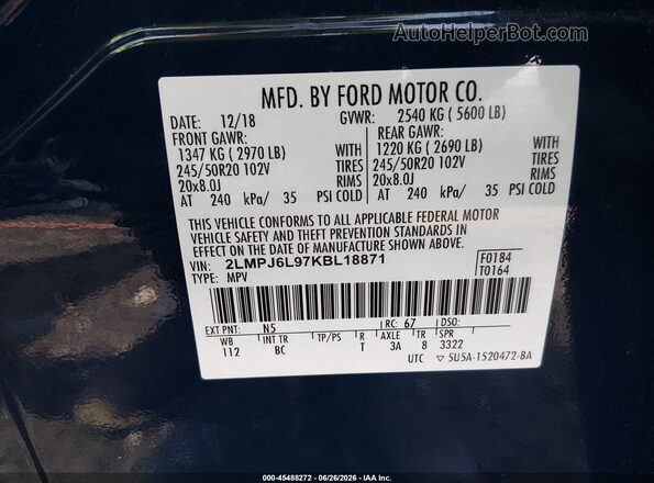 2LMPJ6L97KBL18871 2019 LINCOLN NAUTILUS Blue Вид підкапотного простору