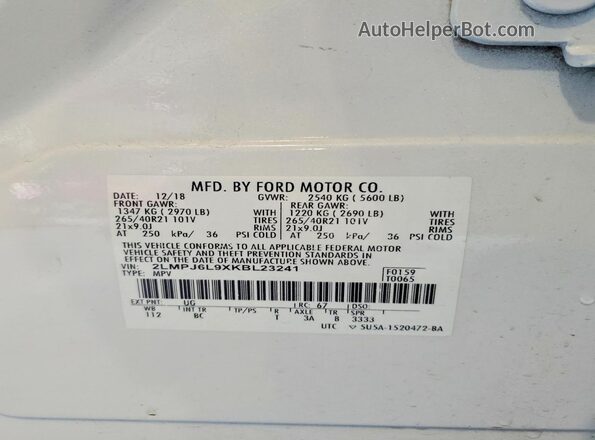 2LMPJ6L9XKBL23241 2019 LINCOLN NAUTILUS White VIN կոդի պիտակի տեսք