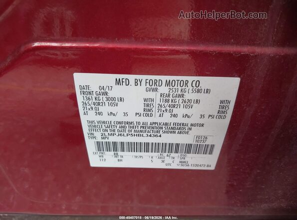 2LMPJ6LP5HBL34364 2017 LINCOLN MKX Red Вид підкапотного простору