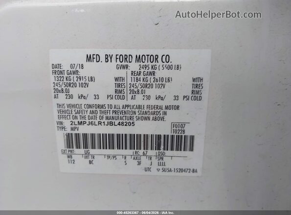 2LMPJ6LR1JBL48205 2018 LINCOLN MKX White ძრავის განყოფილების ხედი