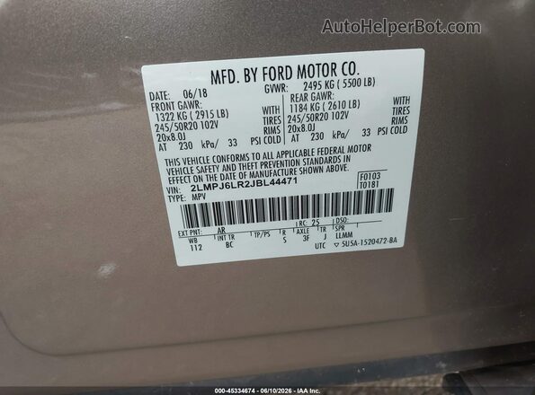 2LMPJ6LR2JBL44471 2018 LINCOLN MKX Beige Widok komory silnika