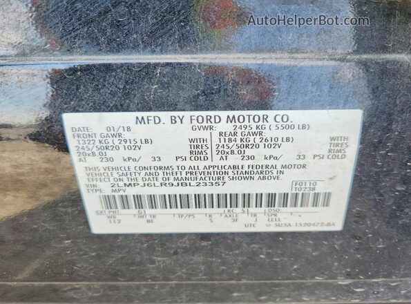 2LMPJ6LR9JBL23357 2018 LINCOLN MKX Black Вид наклейки з VIN-кодом