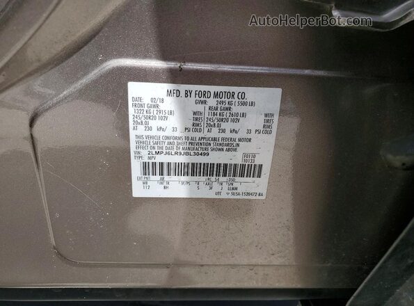 2LMPJ6LR9JBL30499 2018 LINCOLN MKX Brown Вид наклейки з VIN-кодом