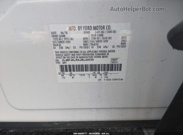 2LMPJ6LRXJBL44539 2018 LINCOLN MKX White ძრავის განყოფილების ხედი