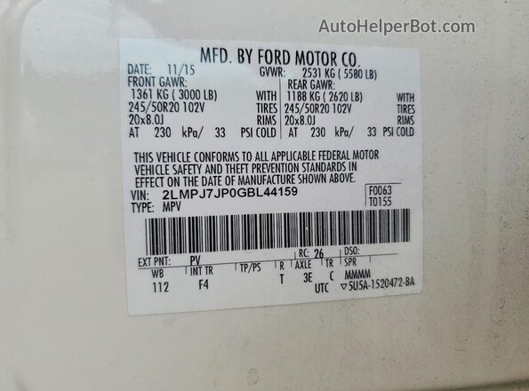 2LMPJ7JP0GBL44159 2016 LINCOLN MKX White Vista de la etiqueta del VIN