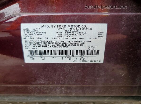 2LMPJ8K91KBL56402 2019 LINCOLN NAUTILUS Maroon Vista de la etiqueta del VIN
