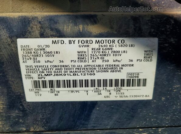 2LMPJ8K91LBL12160 2020 LINCOLN NAUTILUS Blue VIN կոդի պիտակի տեսք