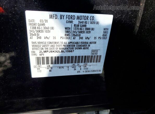 2LMPJ8K92LBL15987 2020 LINCOLN NAUTILUS Black VIN კოდის სტიკერის ხედი