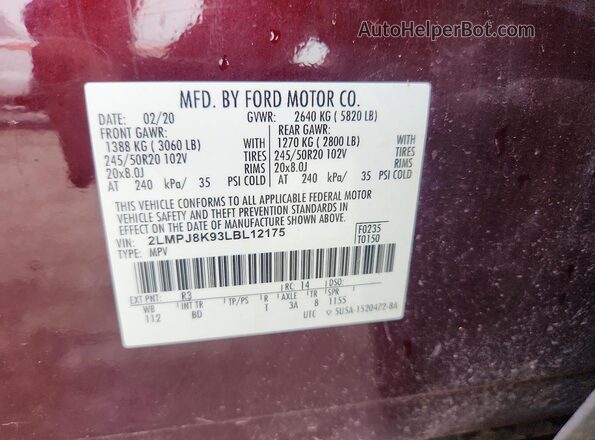 2LMPJ8K93LBL12175 2020 LINCOLN NAUTILUS Burgundy VIN sticker view