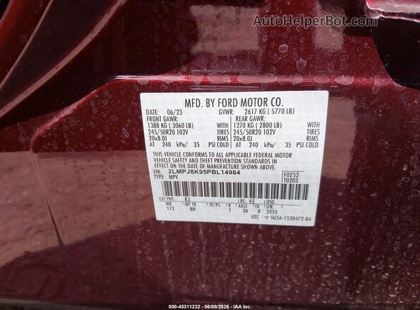 2LMPJ8K95PBL14984 2023 LINCOLN NAUTILUS Burgundy Շարժիչի բաժամունքի տեսք