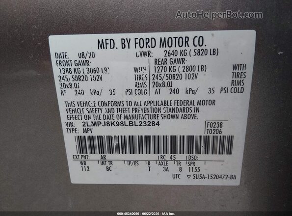 2LMPJ8K98LBL23284 2020 LINCOLN NAUTILUS Tan Engine compartment view