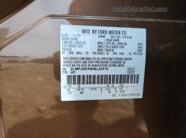 2LMPJ8K99NBL26519 2022 LINCOLN NAUTILUS Brown 