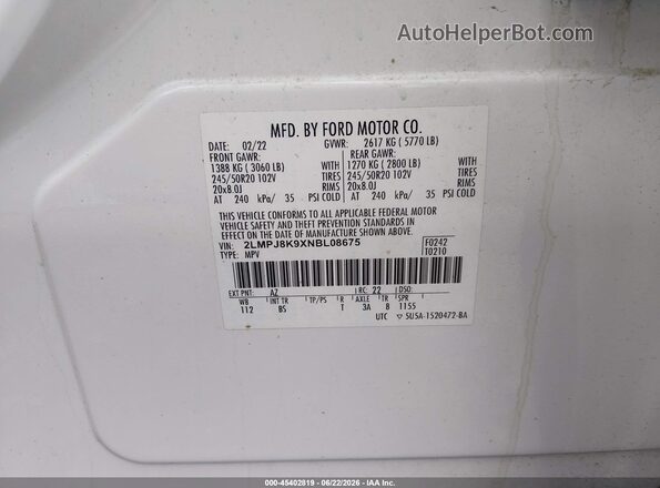 2LMPJ8K9XNBL08675 2022 LINCOLN NAUTILUS White Շարժիչի բաժամունքի տեսք