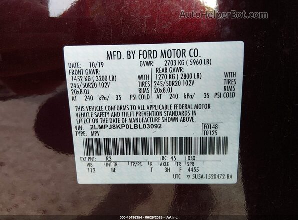 2LMPJ8KP0LBL03092 2020 LINCOLN NAUTILUS Red Engine compartment view